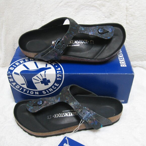 Birkenstock Exquisite GIZEH LUX Spotted Metallic Black Leather 40 R US W 9 M 7 - Picture 1 of 13